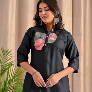 Rayon Slab Kurti with Colorful Embroidered Circles, 3/4 Sleeves, Collar Neck, Knee Length Kurti Pent Set for Women